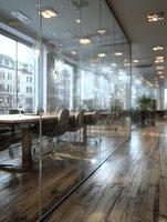 Modern office interior with glass partition walls and wooden floors creating transparent workspace environment for corporate business meetings.