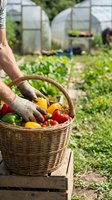 Farmer harvesting fresh organic vegetables in wicker basket at greenhouse garden. Hands picking colorful peppers and tomatoes from homegrown sustainable agriculture plot.