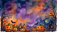 Watercolor Halloween night scene with glowing jack-o-lanterns, flying bats, haunted house, and spooky trees under a purple moonlit sky.