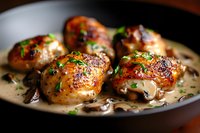 Juicy chicken thighs in creamy mushroom sauce garnished with fresh herbs on dark plate. Close up view of homemade dinner with golden brown meat.