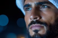 Middle Eastern man with beard wearing traditional white headwear gazes thoughtfully into distance against dark background with bokeh lights, capturing contemplative mood.