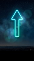 Glowing cyan neon arrow pointing upward against starry night sky with bokeh lights over dark landscape for business growth and success concepts.