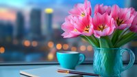 Pink tulips in turquoise ceramic vase against blurred city lights background, with coffee cup and pen on table creating cozy evening atmosphere for lifestyle blogs.