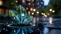 Glowing green crystal leaves emerge from dark water surface with bokeh lights in background creating magical fantasy atmosphere.