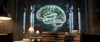 Glowing green holographic brain projection floating in elegant library interior with leather books and vintage furniture for neuroscience education concepts.