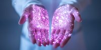 Magical glowing pink sparkles and stardust falling from cupped hands against dark blue background, creating ethereal dreamy atmosphere for fantasy and spiritual concepts.