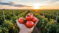 Fresh ripe tomatoes in farmer hand at sunset in agricultural field. Organic farming harvest concept with golden hour lighting over tomato plantation rows.