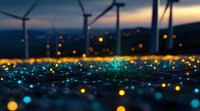Wind turbines at dusk with glowing digital network visualization overlay, representing smart grid technology and renewable energy infrastructure integration.