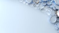 Metallic silver and blue gears form an elegant corner border design on white background, creating sophisticated mechanical decorative element for business layouts.
