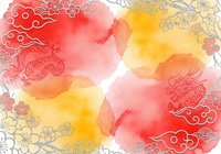 Watercolor wash with ornamental dragon motifs in red, yellow, and pink tones, featuring decorative floral elements and flowing ink patterns for artistic backgrounds.