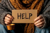 Person in warm winter clothing holding cardboard sign with help message and small cup, representing homelessness, poverty and social issues in cold weather.