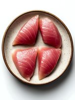 Raw tuna slices arranged on ceramic plate with speckled glaze, overhead view. Fresh sashimi-grade fish portions for fine dining, Japanese cuisine, and culinary presentations.