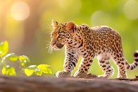 Majestic leopard walking on fallen log in golden sunlight with blurred green forest background. Wild big cat predator in natural habitat for wildlife conservation.