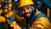Happy African American construction worker in yellow hard hat and safety gear smiling at camera in industrial setting with warm lighting for workplace safety campaigns.