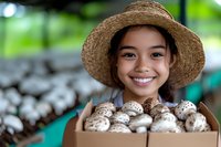 Young Asian woman wearing straw hat holding box of fresh mushrooms at organic farm, displaying genuine smile while working in agriculture business.