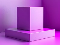 Minimalist geometric composition with white cube on platform against purple gradient background, illuminated by pink neon light for modern design projects.