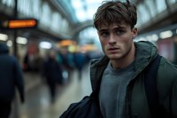Young Caucasian man in green hooded jacket and gray t-shirt standing in subway station with blurred commuters in background. Moody urban photography with shallow depth of field.