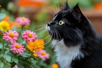 Black and white longhair cat with yellow eyes gazing intently at pink and orange garden flowers in outdoor setting, side profile portrait showing whiskers and fluffy fur.