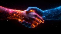 Glowing handshake silhouette with particles in space, orange and blue neon light effect against dark background symbolizing business agreement and partnership.