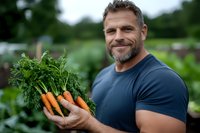 Muscular middle-aged Caucasian man with gray beard holding fresh organic carrots with green tops in garden setting, wearing navy t-shirt, expressing joy and satisfaction.