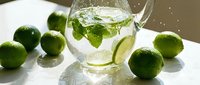 Refreshing glass pitcher of water with lime slices and fresh mint leaves, surrounded by whole limes on a bright white surface in natural light.