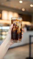 Hand holding a tall glass of cola with ice cubes in a modern café or restaurant interior with warm ambient lighting and blurred background.