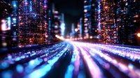 Futuristic cityscape with glowing neon lights and streaming data trails creating dynamic motion blur effect. Modern urban technology concept shows speed and connectivity.