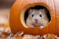 Adorable hamster peeking through carved round hole in orange pumpkin, surrounded by autumn leaves and natural fall setting, creating seasonal holiday atmosphere.