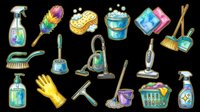 Colorful cleaning supplies set isolated on transparent background, including mop, vacuum, bucket, gloves, and brush, ready for stickers, clipart, and t-shirt design.