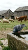 Pigeon drinking from stone trough on rural farm with grazing sheep and weathered barns in background, depicting countryside livestock agriculture and pastoral farming life.