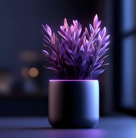 Glowing purple leaves in minimalist white pot against dark background with soft bokeh lights, creating mystical mood and modern aesthetic appeal.