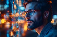 Bearded man in glasses illuminated by orange and blue city lights at night, profile view showing contemplative expression against blurred bokeh background.