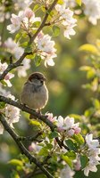 Sparrow perched on a blooming apple tree branch surrounded by soft pink and white spring flowers in warm golden light.