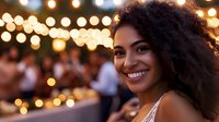 Young woman with dark curly hair and warm smile wearing glasses at outdoor evening gathering with string lights and blurred crowd in background.