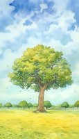 Solitary oak tree with lush green foliage standing in yellow meadow under blue sky with fluffy white clouds, watercolor style landscape.