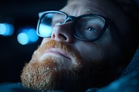 Young Caucasian man with ginger beard and glasses in dark moody lighting gazes upward, blue bokeh lights in background create atmospheric nighttime portrait.
