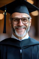 Mature man with beard wearing graduation cap and gown smiles warmly, representing achievement and lifelong learning in higher education.