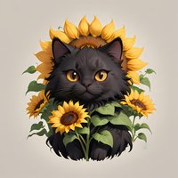 Black fluffy cat with golden eyes surrounded by bright sunflowers and green leaves, artistic illustration on neutral background. Suitable for prints and merchandise.