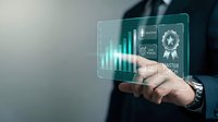 Businessman in suit touching holographic digital interface with data analytics charts and graphs displaying business performance metrics and statistics.
