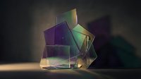 Transparent geometric house structure with iridescent glass panels casting colorful light and shadows on dark background. Modern architectural visualization for design, art direction, and creative projects.