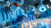 Medical professional in protective gear performing precise laboratory work, illuminated by blue surgical lights and bokeh effects, creating dramatic scientific atmosphere.