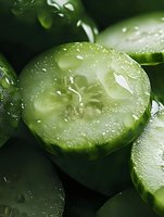 Fresh cucumber slices with water droplets on green leaves background for healthy eating and spa wellness concepts.