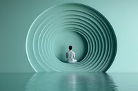 Person meditating in lotus pose inside a spiral tunnel arch over calm water, mint green tones, zen mindfulness concept.