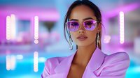 Young Asian woman in purple blazer and stylish glasses against neon lights background, modern fashion portrait with vibrant pink and blue bokeh lighting effects.