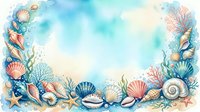 Watercolor sea border with shells, corals, and starfish on soft blue background, perfect for summer cards, invitations, and coastal decor designs.