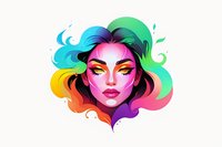 Vibrant artistic portrait of a woman with rainbow-colored flowing hair and dramatic makeup, perfect for beauty, fashion, and creative design projects on white background.