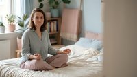 Young Asian woman practicing meditation in lotus position on bed in bright modern bedroom with plants and natural light for wellness and mindfulness.