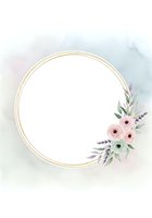 Watercolor floral frame with gold circle border featuring pink and green flowers, lavender sprigs, and soft pastel background. Suitable for invitations, greeting cards, and wedding designs.