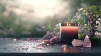 Glowing aromatherapy candle with healing crystals and delicate pink flowers creating serene spa atmosphere on dark surface with bokeh background effect.