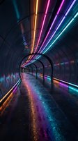 Futuristic neon tunnel with vibrant rainbow LED lights creating colorful reflections on wet pavement for modern urban design and technology concepts.
